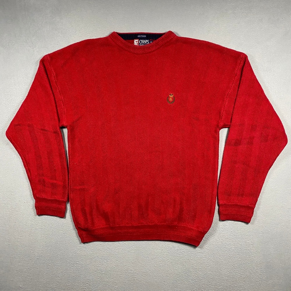 Chaps Ralph Lauren Sweater Mens XL Red Herringbone Knit Cotton Crewneck Logo